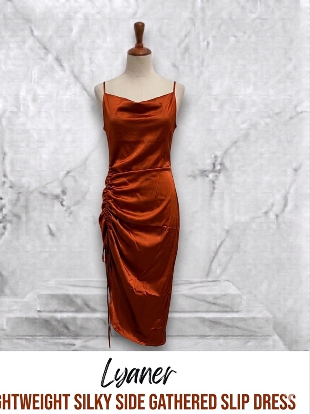 Lyaner Rust Satin Side-Gathered Midi Slip Dress Size M